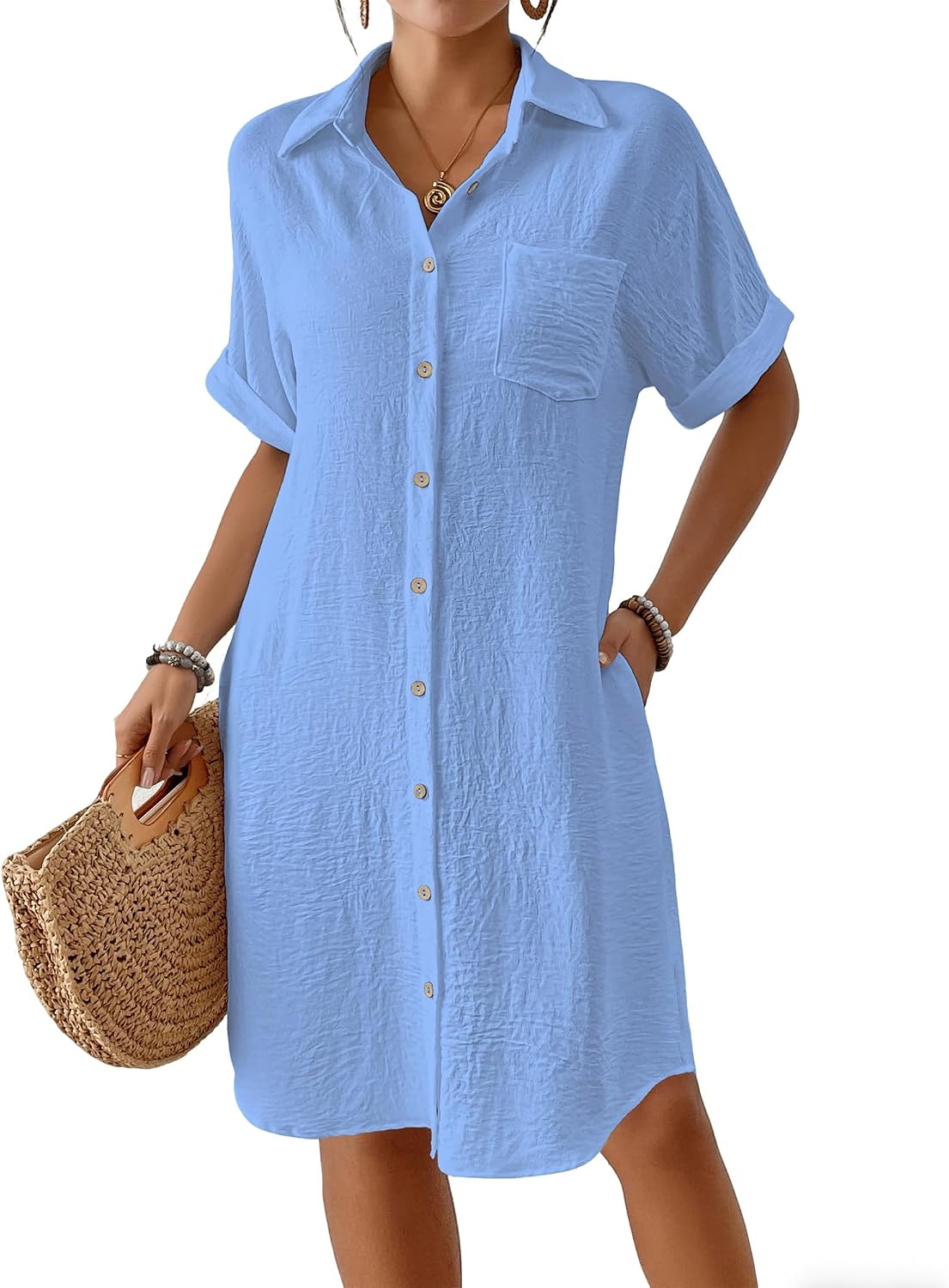Women's Knee Length Beach Shirt Dress - Short Sleeve Button Down Cover-Up with Pockets for Vacations - Small
