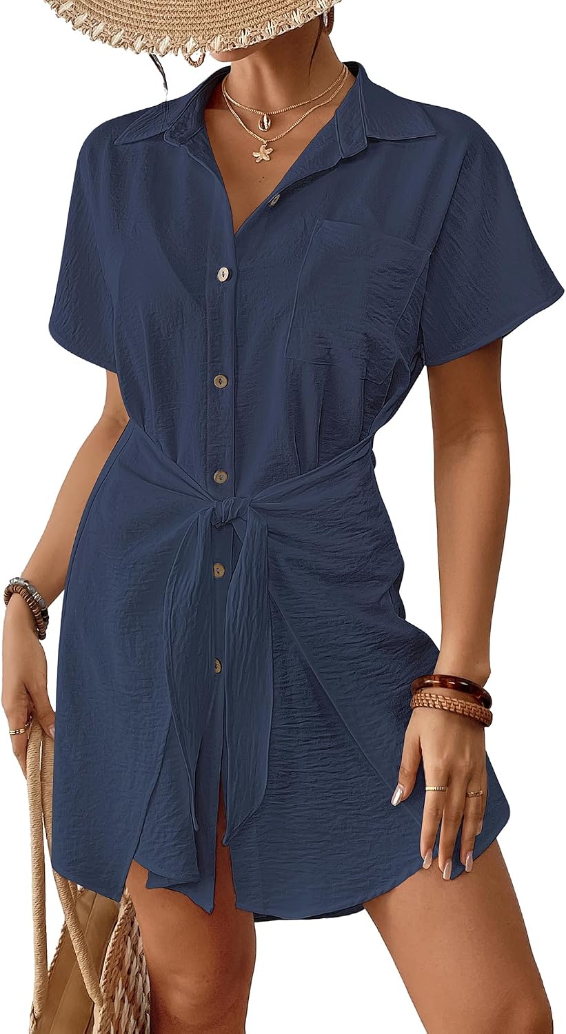 Women's Tie Front Beach Shirt Dress - Short Sleeve Button Down with Chest Pocket and High Low Hem - Small