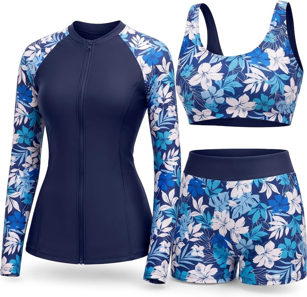 Women's 3 Piece Rash Guard Set - UPF 50+ Long Sleeve Swim Shirt, Built-In Bra Top and Mid Rise Bottoms - Small (16)
