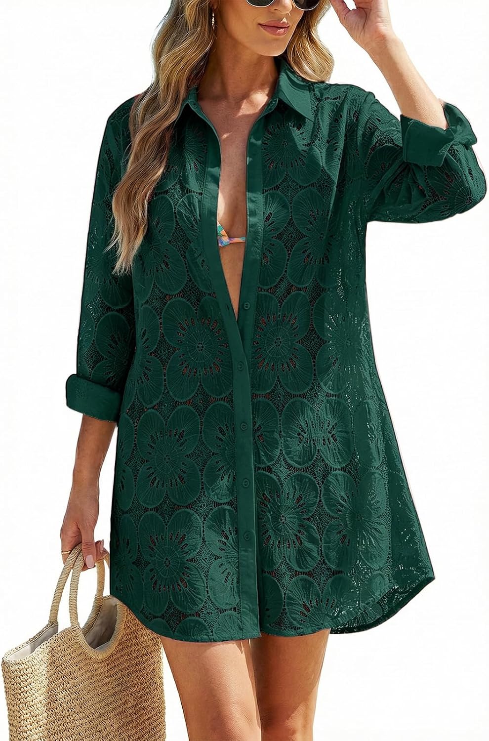 Women's Eyelet Beach Shirt Dress - Long Sleeve Button Down Cover-Up in Prints and Solids for Resort Days - Sky Blue (17)