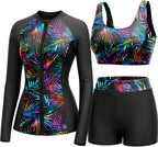 Women's 3 Piece Rash Guard Set - UPF 50+ Long Sleeve Swim Shirt, Built-In Bra Top and Mid Rise Bottoms - Small (18)