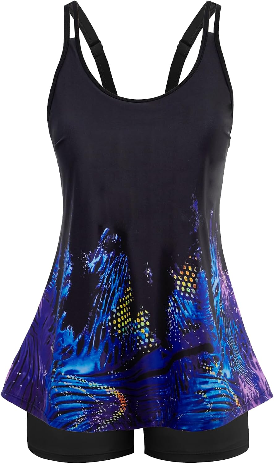 Women's Flowy Tankini Set - Scoop Neck Top with Removable Pads and High Waisted Bottoms for Modest Swims - Large (27)