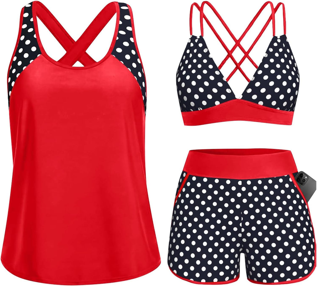 Women's 3 Piece Tankini Swimsuit - Tummy Control Top, High-Waist Boy Shorts and Built-In Brief for Swim Days - Medium