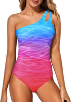 Women's One Shoulder One Piece Swimsuit - Keyhole Front, Ruched Tummy Control and Removable Soft Cups - Color Block