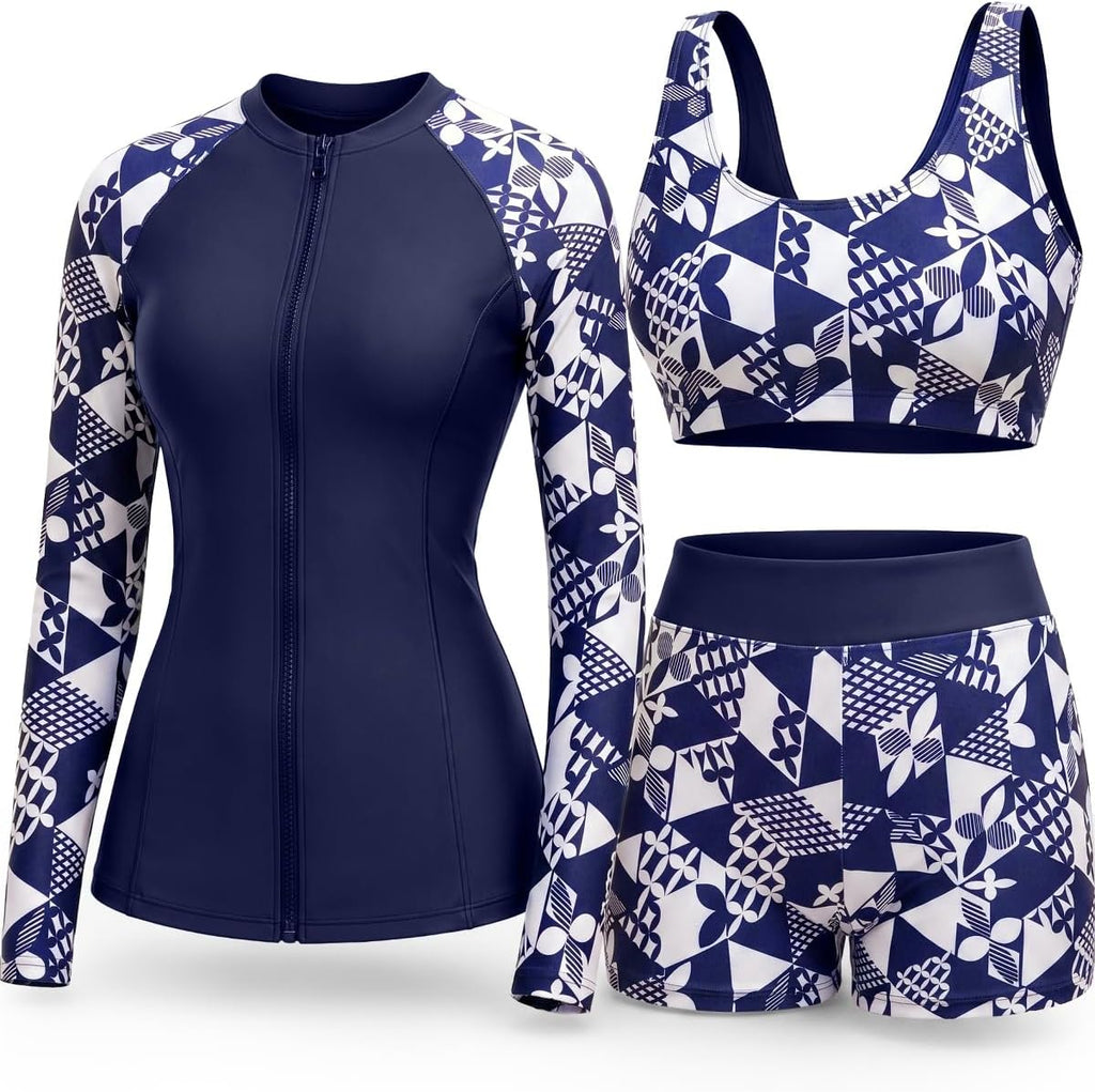 Women's 3 Piece Rash Guard Set - UPF 50+ Long Sleeve Swim Shirt, Built-In Bra Top and Mid Rise Bottoms - Small (17)