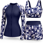 Women's 3 Piece Rash Guard Set - UPF 50+ Long Sleeve Swim Shirt, Built-In Bra Top and Mid Rise Bottoms - Small (17)
