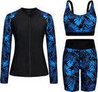 Women's Long Sleeve Rash Guard Set - Swim Shirt with Matching Shorts and Two Pockets for Beach and Pool - Green Coconut 