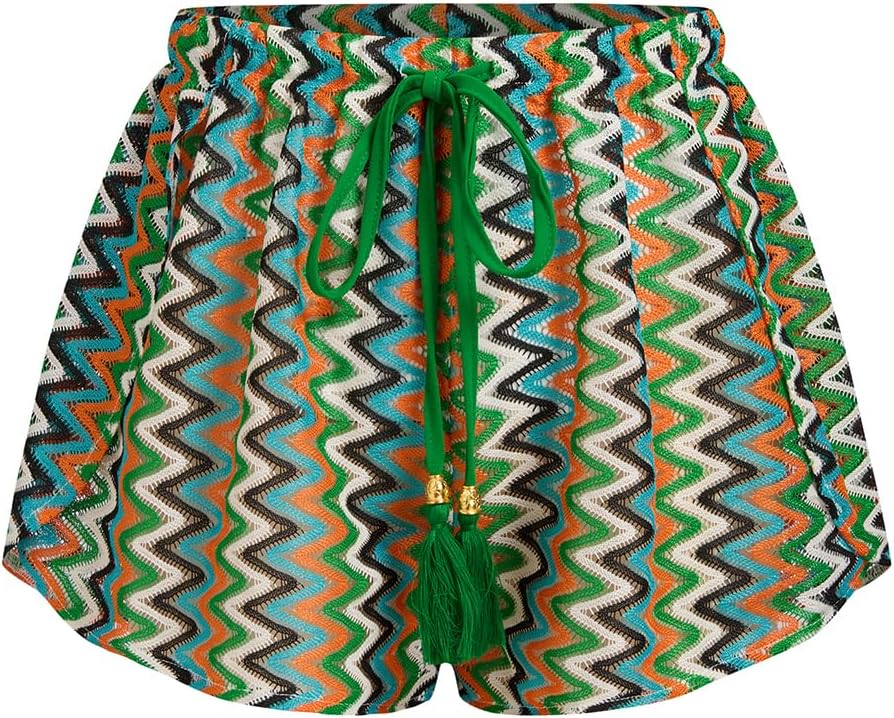 Women's Crochet Cover-Up Shorts - High Waisted Beach Bottoms with Drawstring Waist and Flowy Side Slits - Medium