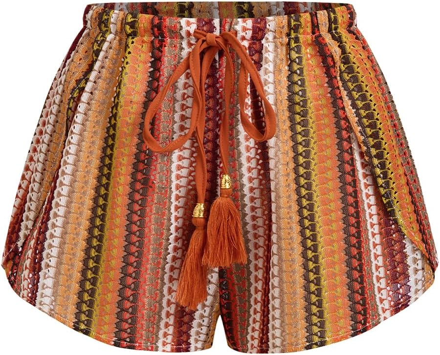 Women's Crochet Cover-Up Shorts - High Waisted Beach Bottoms with Drawstring Waist and Flowy Side Slits - Small