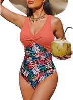 Women's Tummy Control One Piece Swimsuit - V-Neck Twist Front, Removable Pads and Full Coverage for Pool Days - Medium