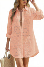 Women's Eyelet Beach Shirt Dress - Long Sleeve Button Down Cover-Up in Prints and Solids for Resort Days - Royal Blue