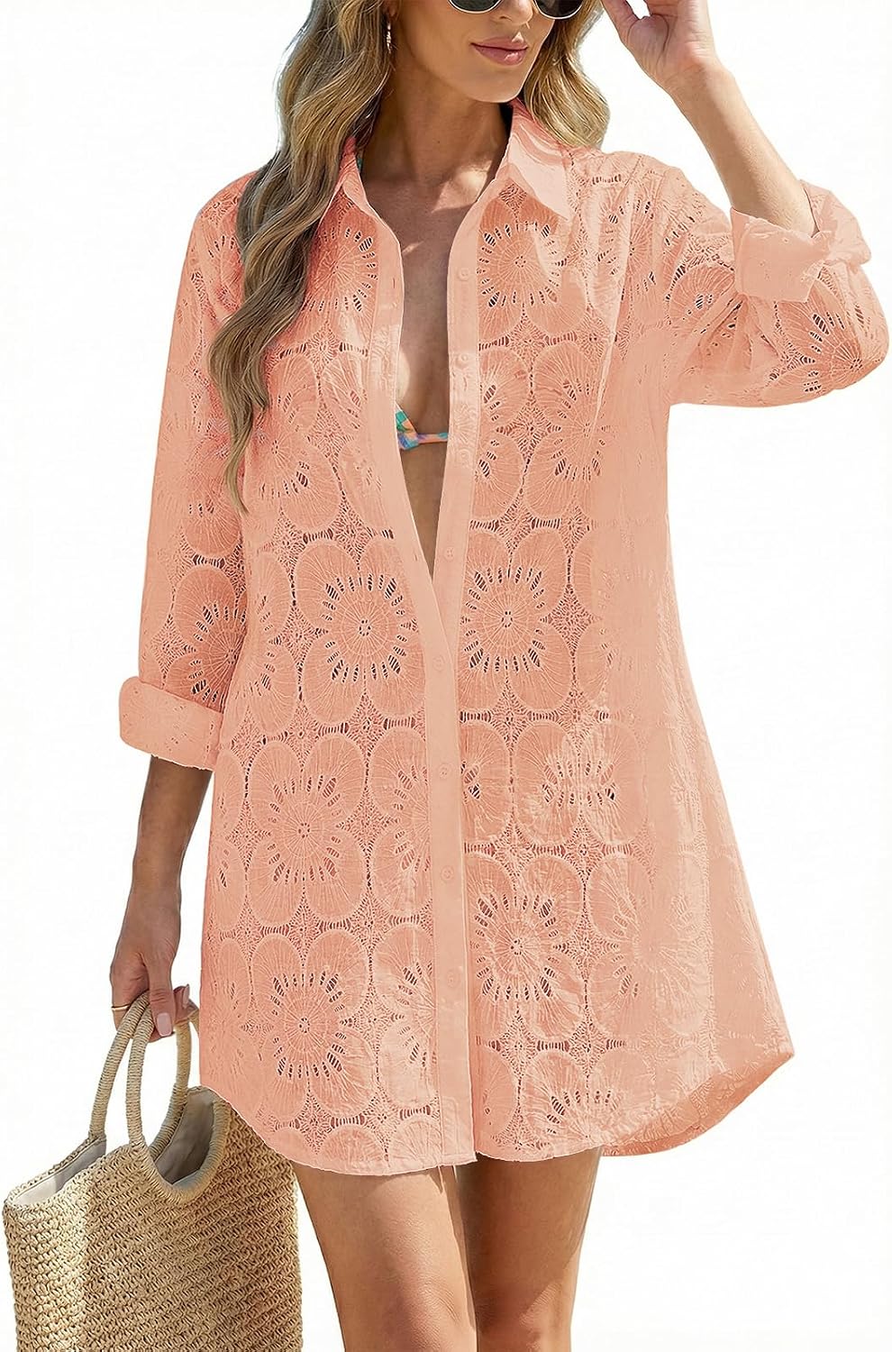 Women's Eyelet Beach Shirt Dress - Long Sleeve Button Down Cover-Up in Prints and Solids for Resort Days - Royal Blue