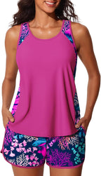 Women's Blouson Tankini Swimsuit - Tummy Control Top with Removable Pads and Swim Shorts with Pockets - Green Shadowa