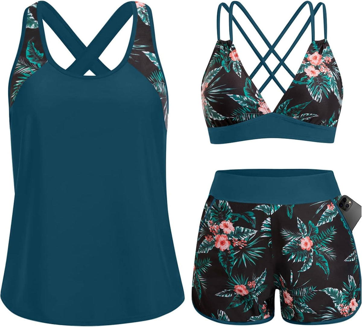 Women's 3 Piece Tankini Swimsuit - Tummy Control Top, High-Waist Boy Shorts and Built-In Brief for Swim Days - Small