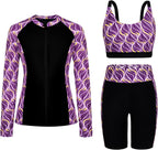 Women's Long Sleeve Rash Guard Set - Swim Shirt with Matching Shorts and Two Pockets for Beach and Pool - Black