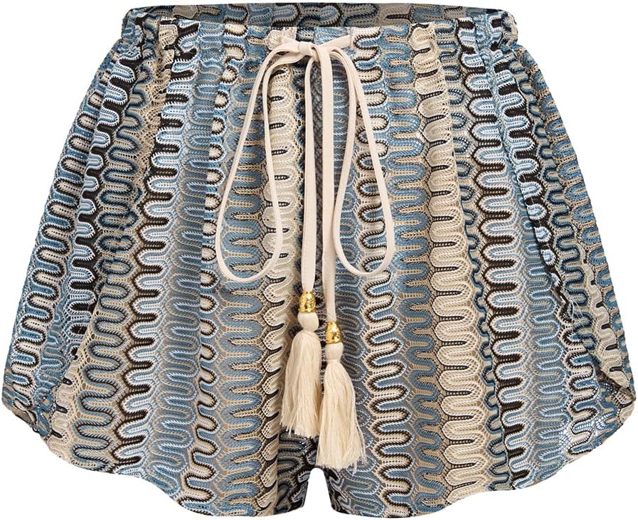 Women's Crochet Cover-Up Shorts - High Waisted Beach Bottoms with Drawstring Waist and Flowy Side Slits - Medium