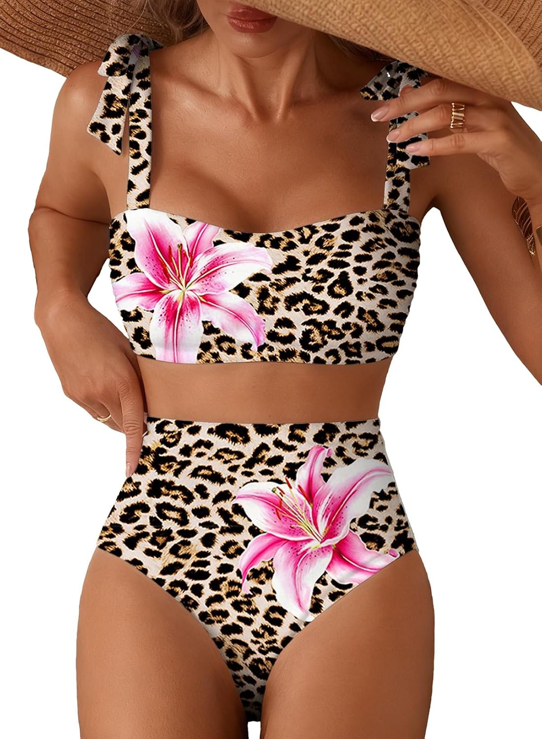 Women's Tie Shoulder Bikini Set - Two Piece with High Waisted Full Coverage Bottoms and Removable Pads - Medium
