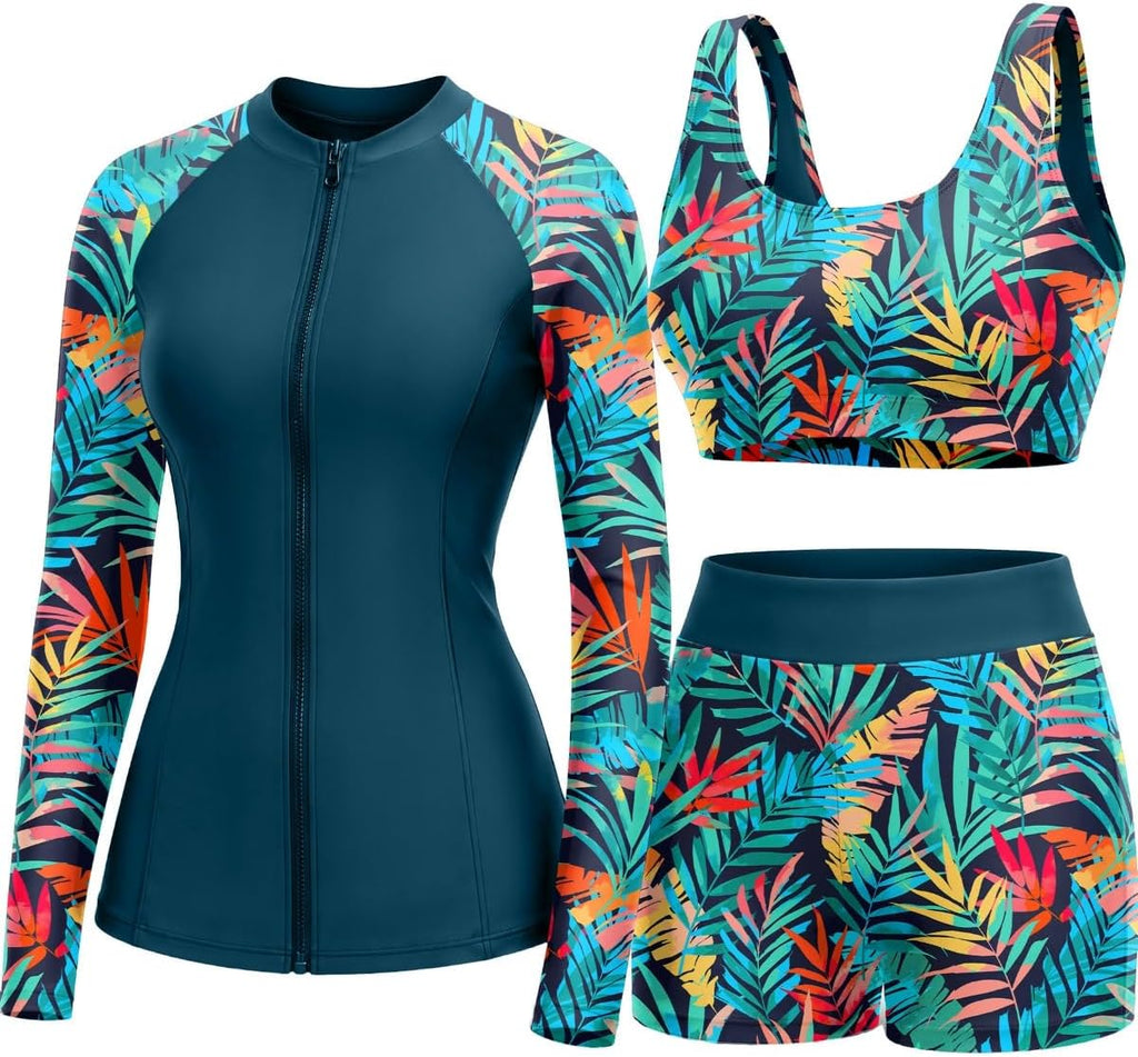 Women's 3 Piece Rash Guard Set - UPF 50+ Long Sleeve Swim Shirt, Built-In Bra Top and Mid Rise Bottoms - Small (15)