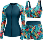 Women's 3 Piece Rash Guard Set - UPF 50+ Long Sleeve Swim Shirt, Built-In Bra Top and Mid Rise Bottoms - Small (15)
