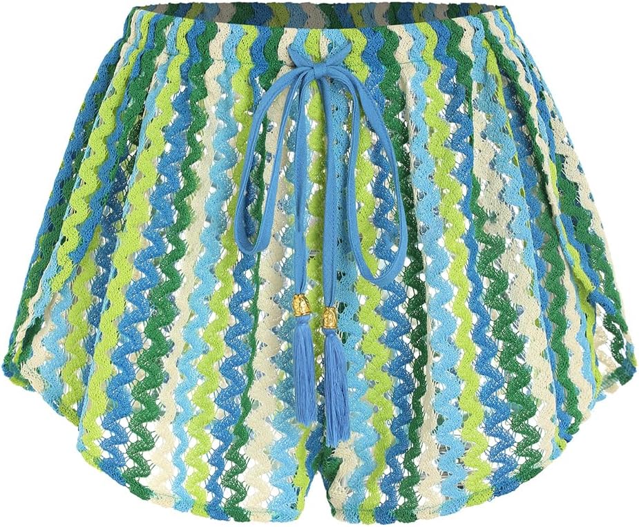 Women's Crochet Cover-Up Shorts - High Waisted Beach Bottoms with Drawstring Waist and Flowy Side Slits - Medium