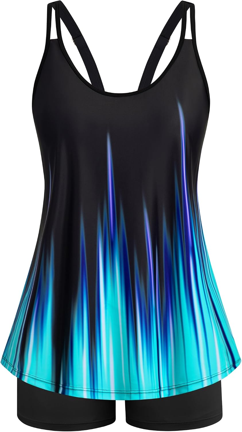Women's Flowy Tankini Set - Scoop Neck Top with Removable Pads and High Waisted Bottoms for Modest Swims - Medium