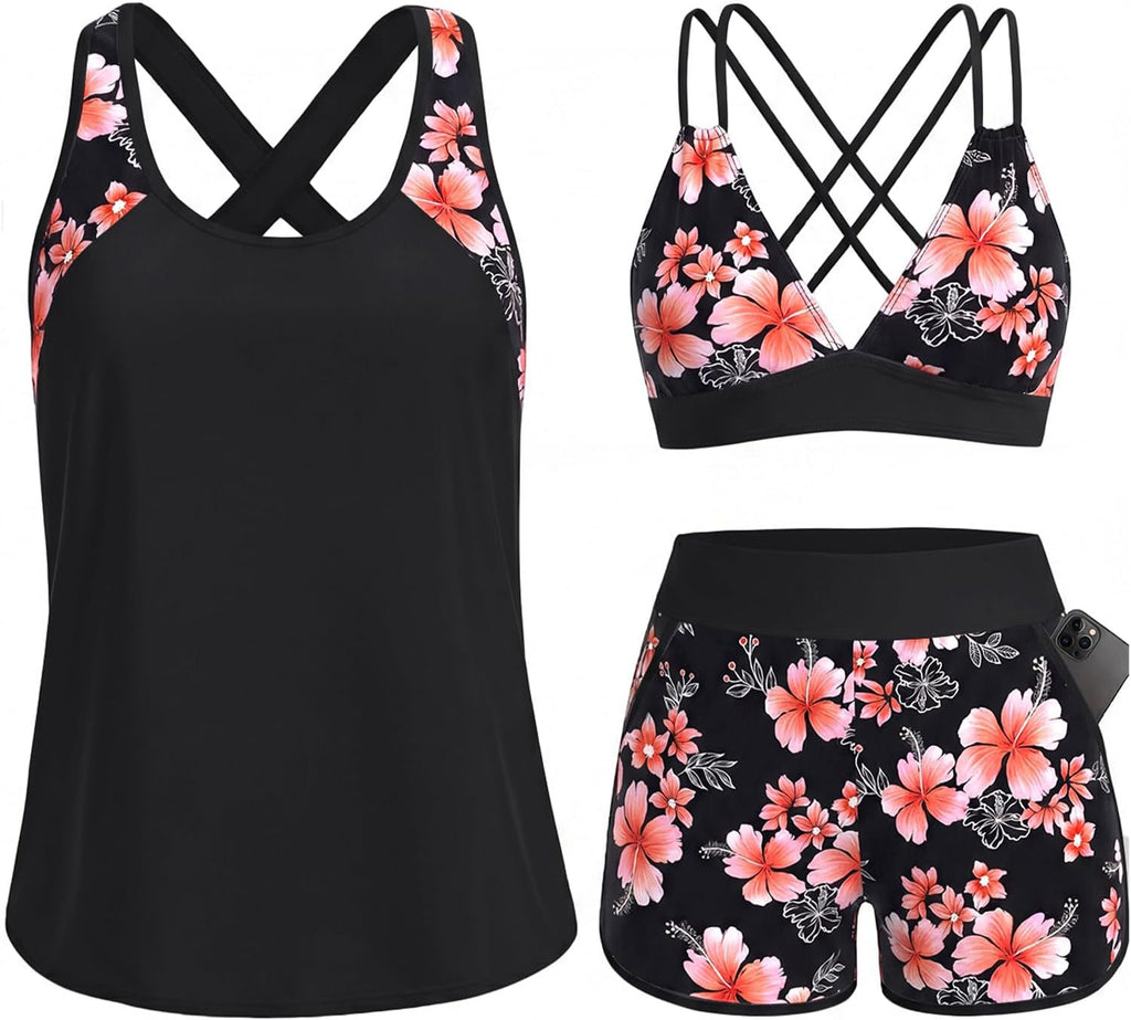 Women's 3 Piece Tankini Swimsuit - Tummy Control Top, High-Waist Boy Shorts and Built-In Brief for Swim Days - Small (22