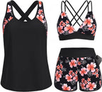 Women's 3 Piece Tankini Swimsuit - Tummy Control Top, High-Waist Boy Shorts and Built-In Brief for Swim Days - Small (22