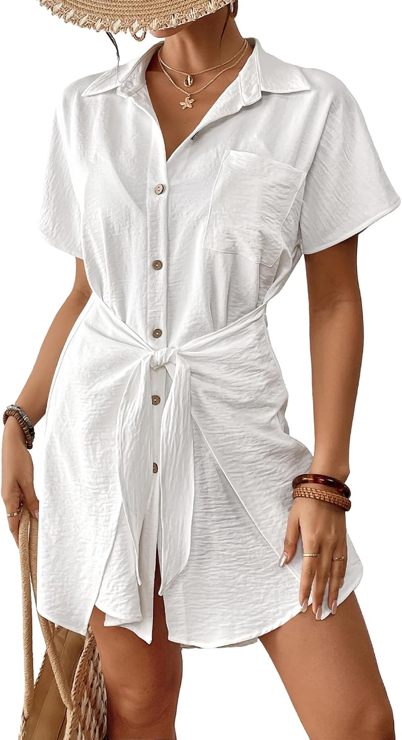 Women's Tie Front Beach Shirt Dress - Short Sleeve Button Down with Chest Pocket and High Low Hem - Small (8)