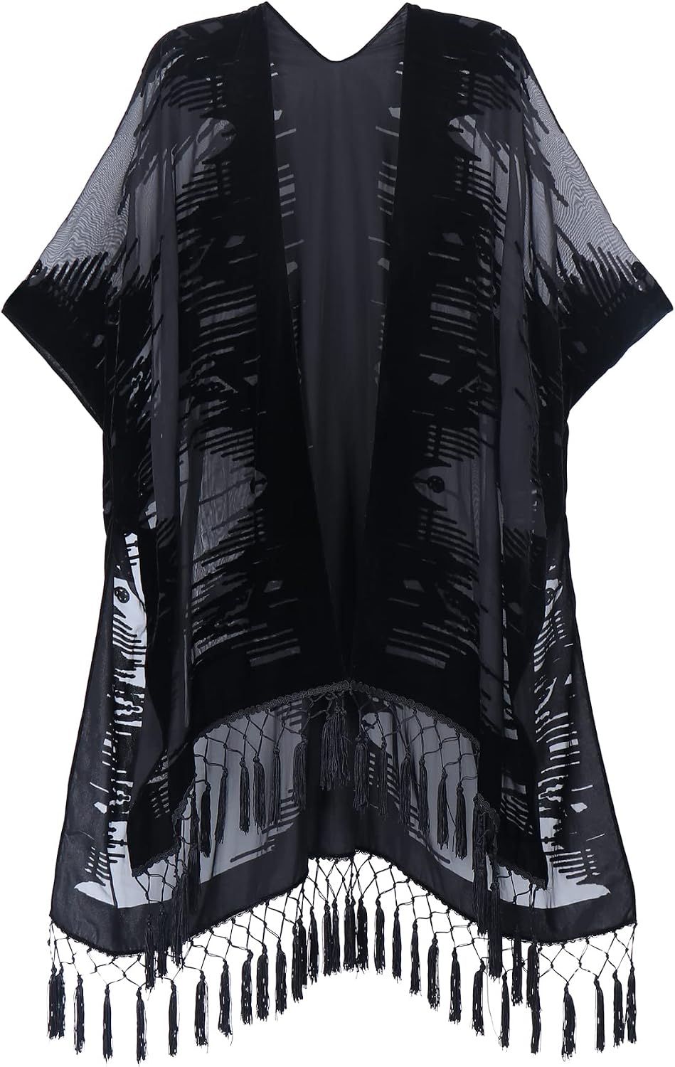 Burnout Velvet Kimono Cover-Up with Tassels