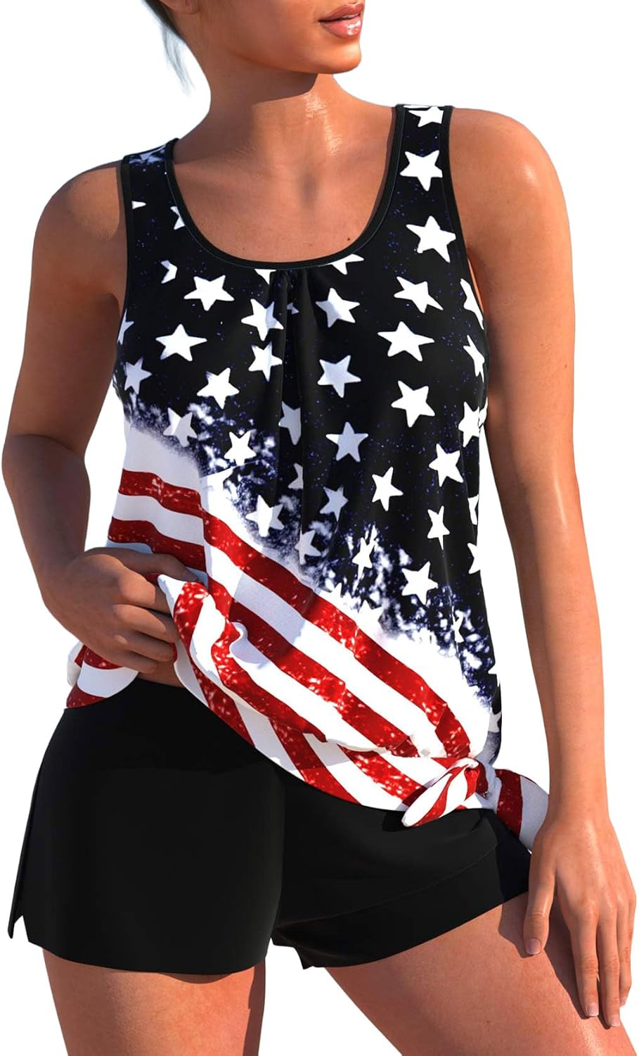 Women's Ribbed Modest Tankini Set - Wire Free Built-In Bra, Blouson Top and Mid Rise Bottoms for Swims - Large