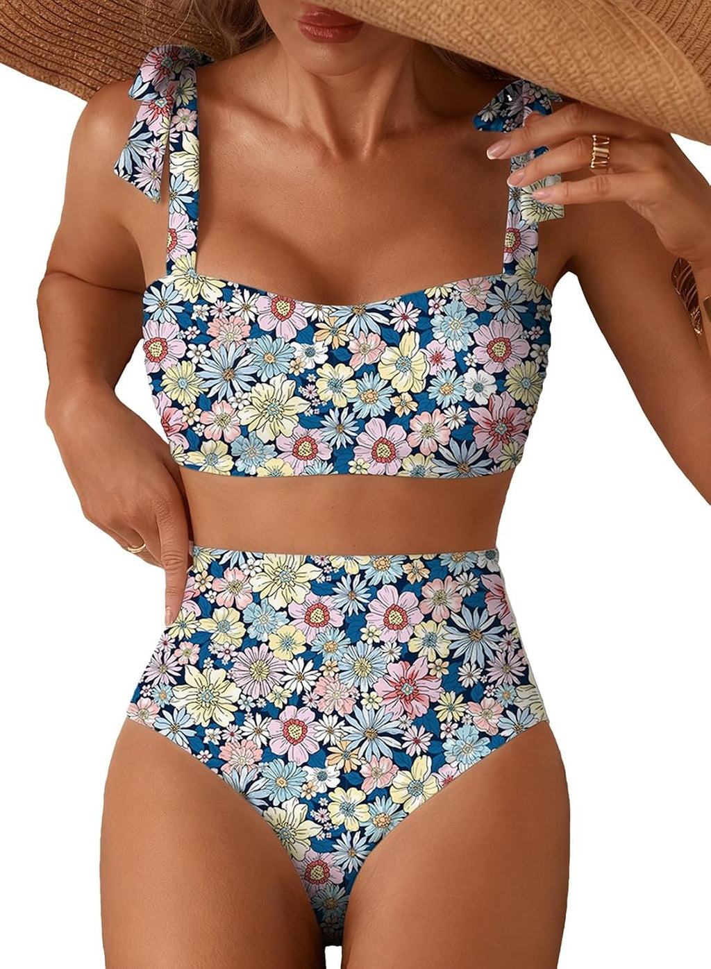 Women's Tie Shoulder Bikini Set - Two Piece with High Waisted Full Coverage Bottoms and Removable Pads - Small (15)