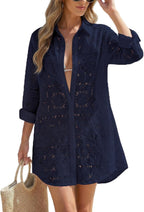 Women's Eyelet Beach Shirt Dress - Long Sleeve Button Down Cover-Up in Prints and Solids for Resort Days - Sky Blue
