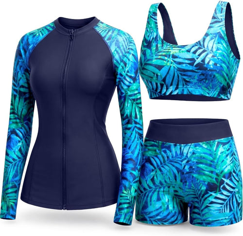 Women's 3 Piece Rash Guard Set - UPF 50+ Long Sleeve Swim Shirt, Built-In Bra Top and Mid Rise Bottoms - XX-Small