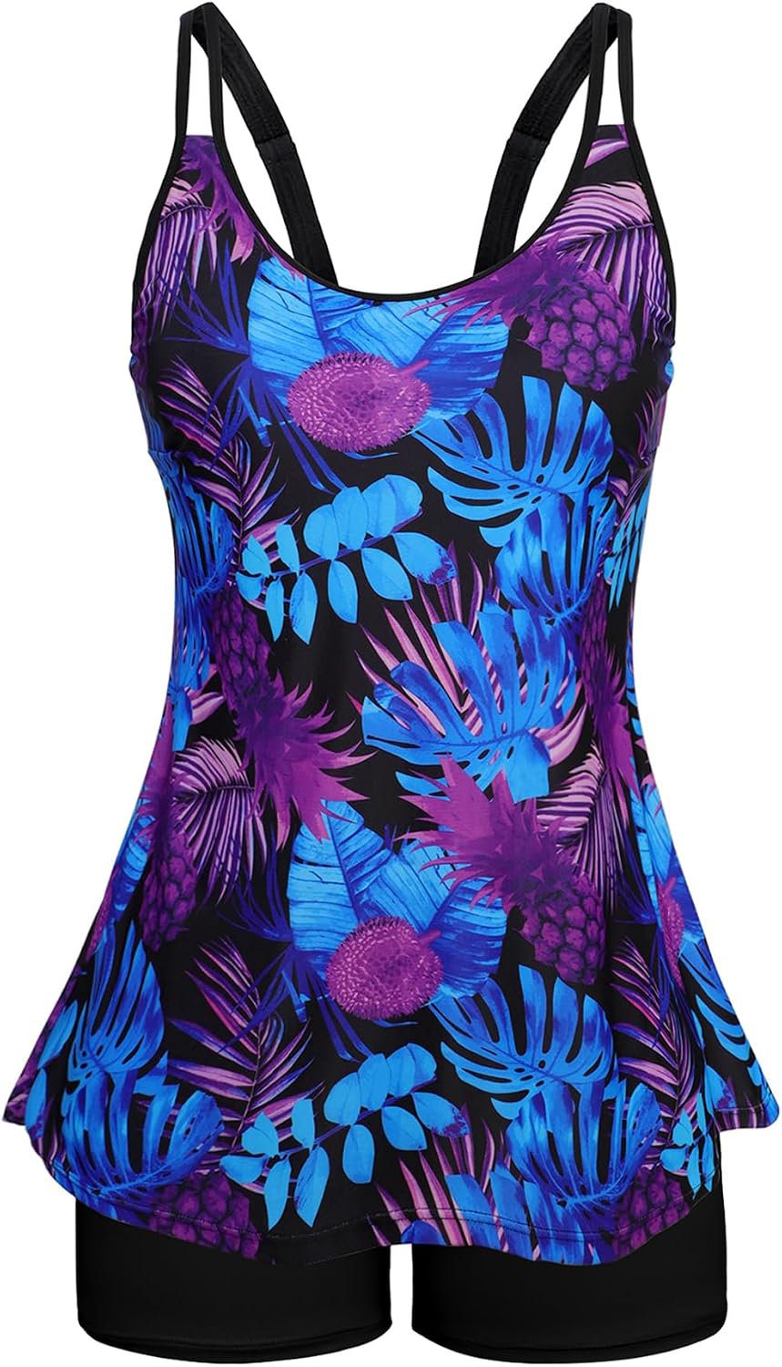 Women's Flowy Tankini Set - Scoop Neck Top with Removable Pads and High Waisted Bottoms for Modest Swims - Large (29)