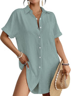 Women's Button Down Beach Shirt Dress - Relaxed Cover-Up in Stripes, Jacquard and Solids for Vacations - Jacquard Aprico