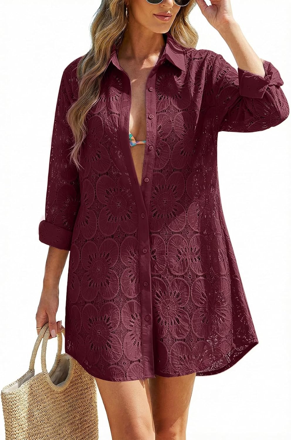 Women's Eyelet Beach Shirt Dress - Long Sleeve Button Down Cover-Up in Prints and Solids for Resort Days - Winered