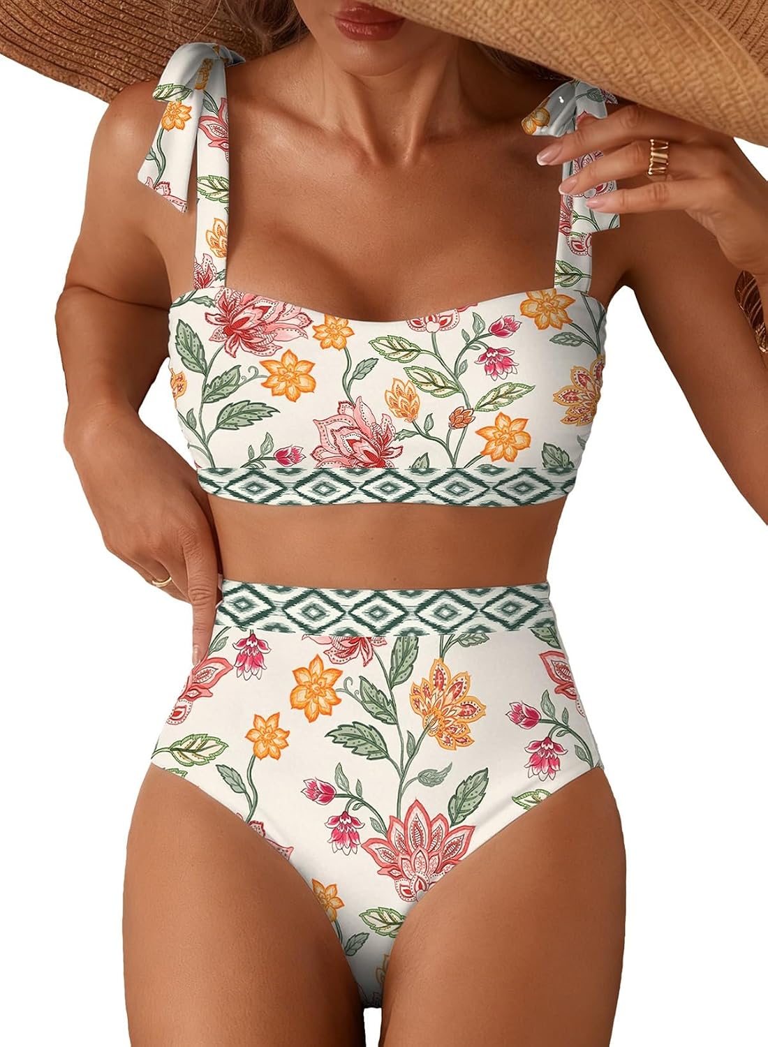 Women's Tie Shoulder Bikini Set - Two Piece with High Waisted Full Coverage Bottoms and Removable Pads - Small (9)