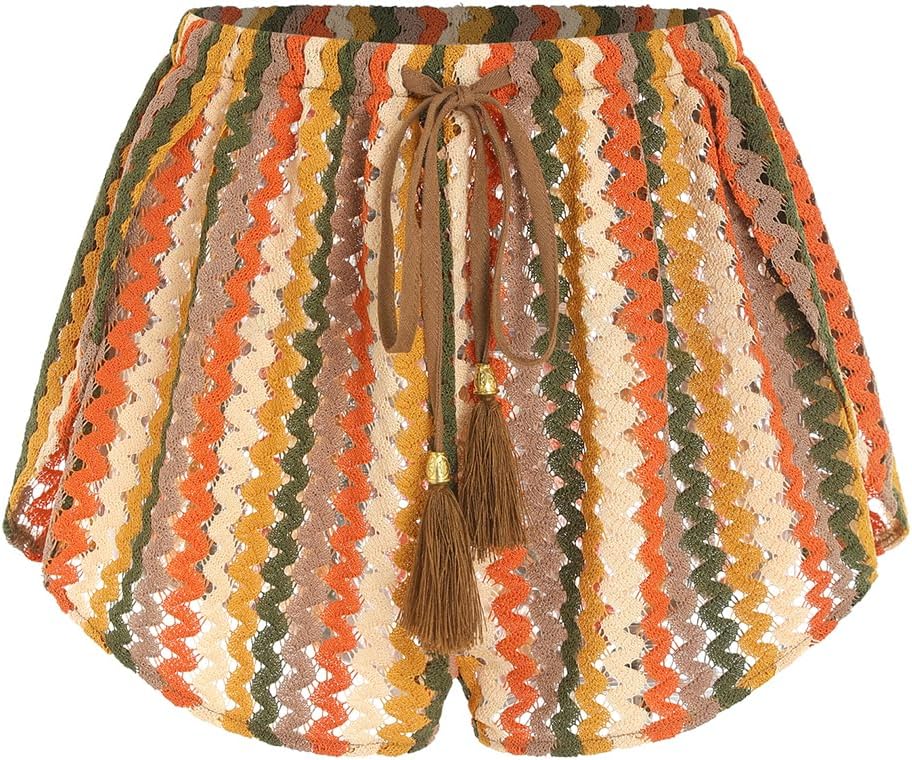 Women's Crochet Cover-Up Shorts - High Waisted Beach Bottoms with Drawstring Waist and Flowy Side Slits - Medium