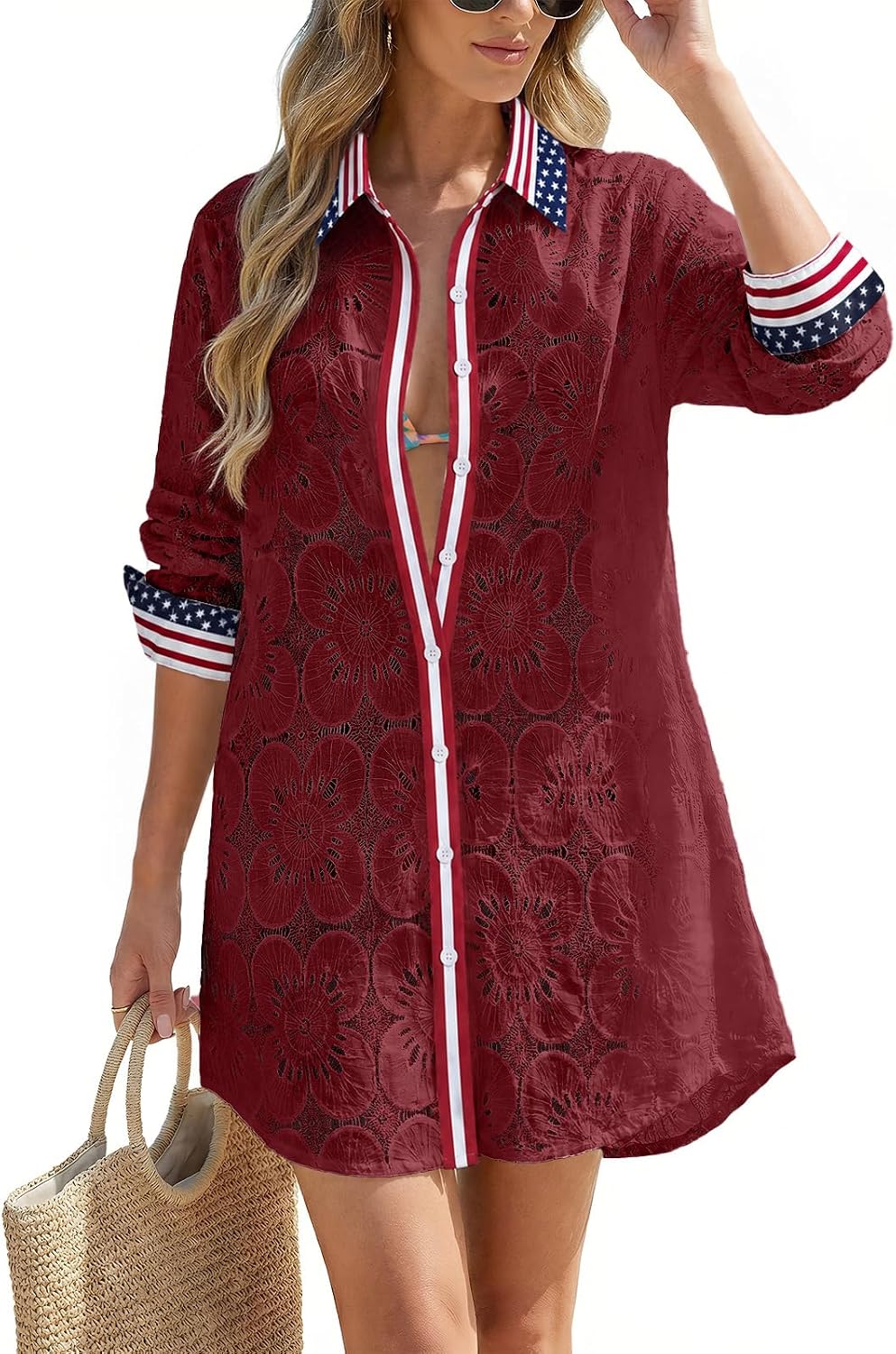 Women's Eyelet Beach Shirt Dress - Long Sleeve Button Down Cover-Up in Prints and Solids for Resort Days - Winered