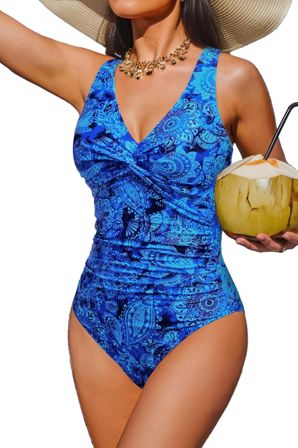 Women's Tummy Control One Piece Swimsuit - V-Neck Twist Front, Removable Pads and Full Coverage for Pool Days - Small