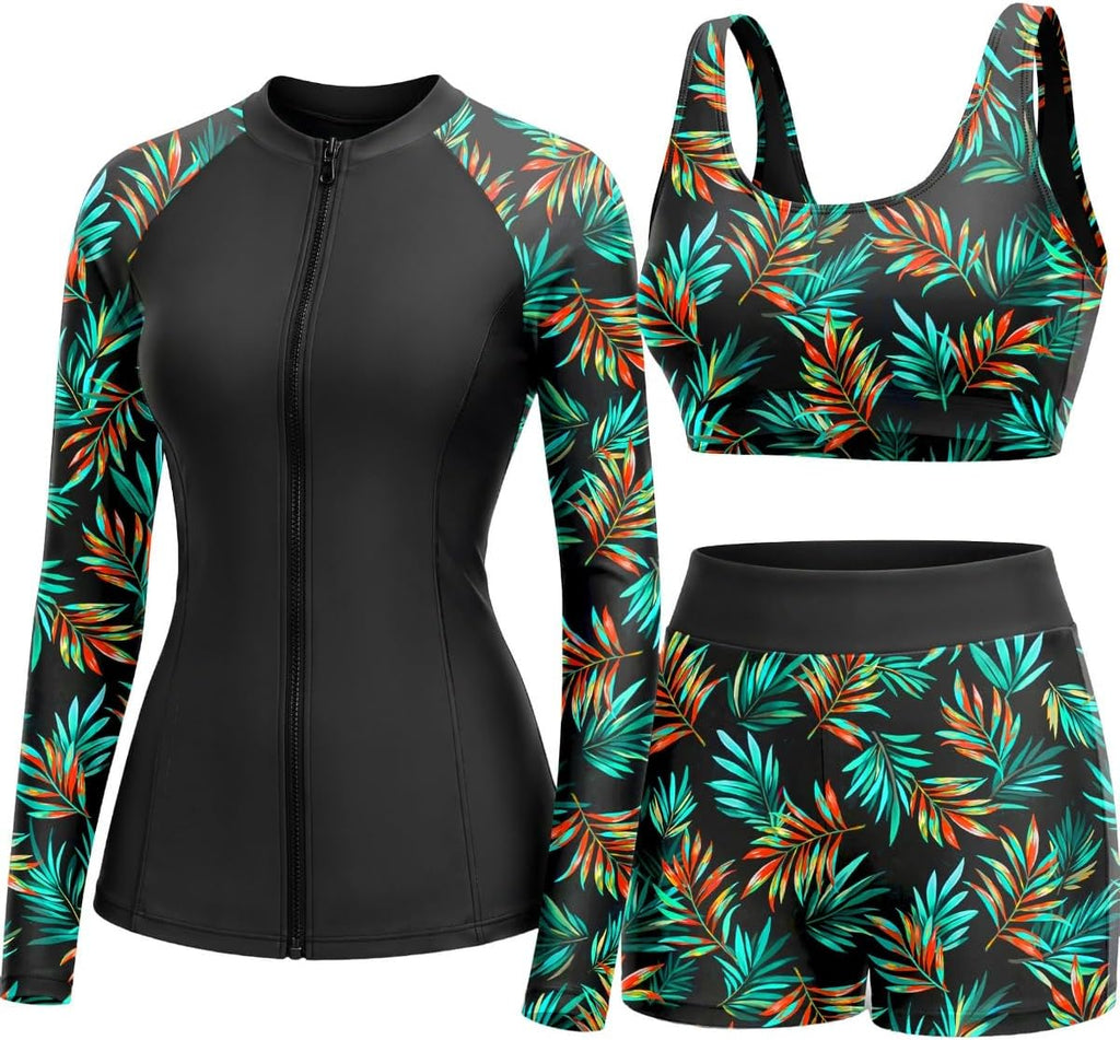 Women's 3 Piece Rash Guard Set - UPF 50+ Long Sleeve Swim Shirt, Built-In Bra Top and Mid Rise Bottoms - Medium