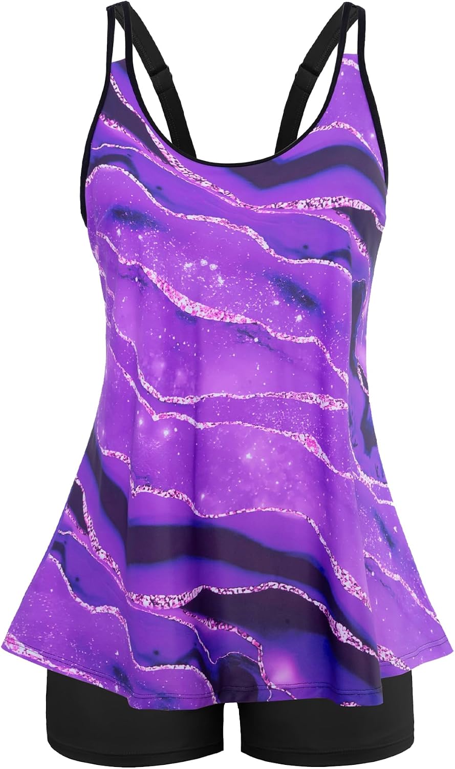 Women's Flowy Tankini Set - Scoop Neck Top with Removable Pads and High Waisted Bottoms for Modest Swims - Large