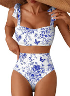 Women's Tie Shoulder Bikini Set - Two Piece with High Waisted Full Coverage Bottoms and Removable Pads - Medium