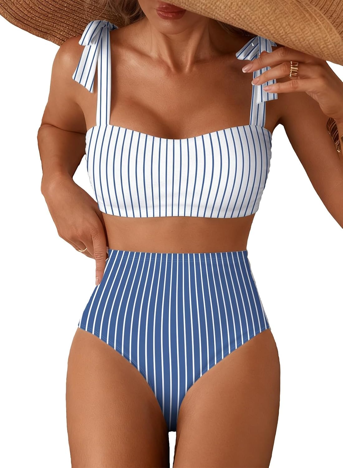 Women's Tie Shoulder Bikini Set - Two Piece with High Waisted Full Coverage Bottoms and Removable Pads - Small (10)