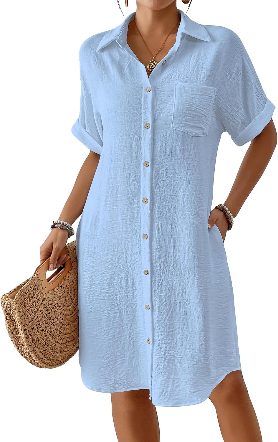 Women's Knee Length Beach Shirt Dress - Short Sleeve Button Down Cover-Up with Pockets for Vacations - Small