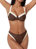 Women's Colour Block Bikini Set - Underwire Top with High Waisted Bottoms for Beach and Pool Days - Small