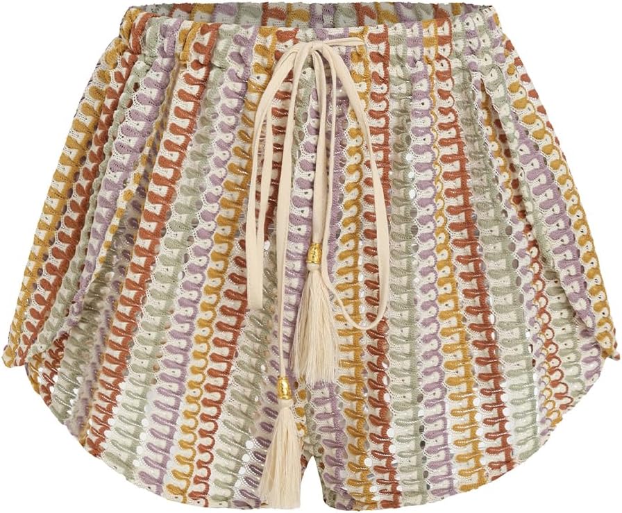Women's Crochet Cover-Up Shorts - High Waisted Beach Bottoms with Drawstring Waist and Flowy Side Slits - Medium