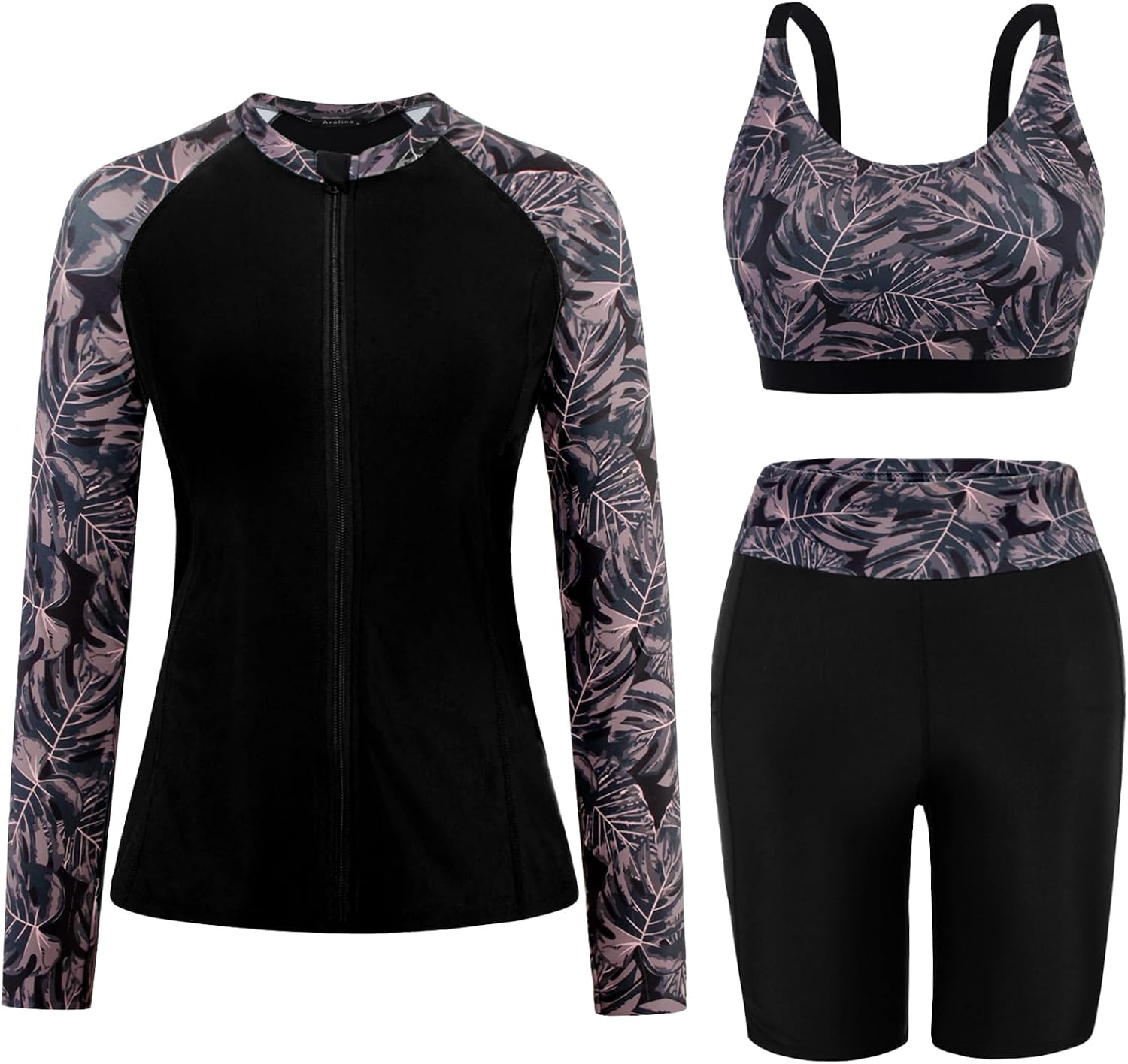 Women's Long Sleeve Rash Guard Set - Swim Shirt with Matching Shorts and Two Pockets for Beach and Pool - Green Coconut 