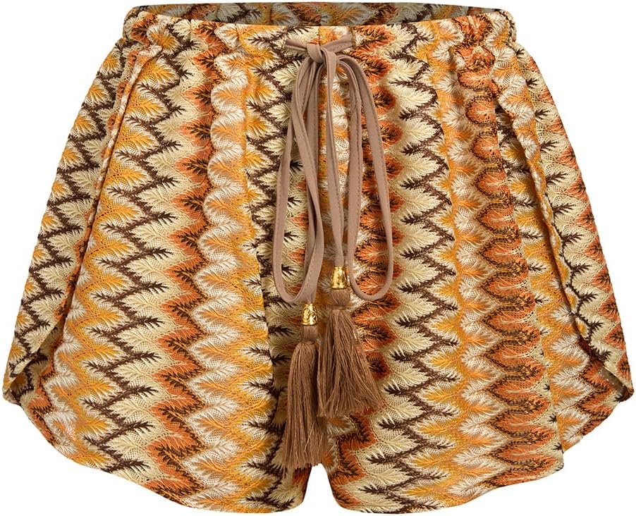 Women's Crochet Cover-Up Shorts - High Waisted Beach Bottoms with Drawstring Waist and Flowy Side Slits - Medium