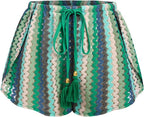 Women's Crochet Cover-Up Shorts - High Waisted Beach Bottoms with Drawstring Waist and Flowy Side Slits - Medium